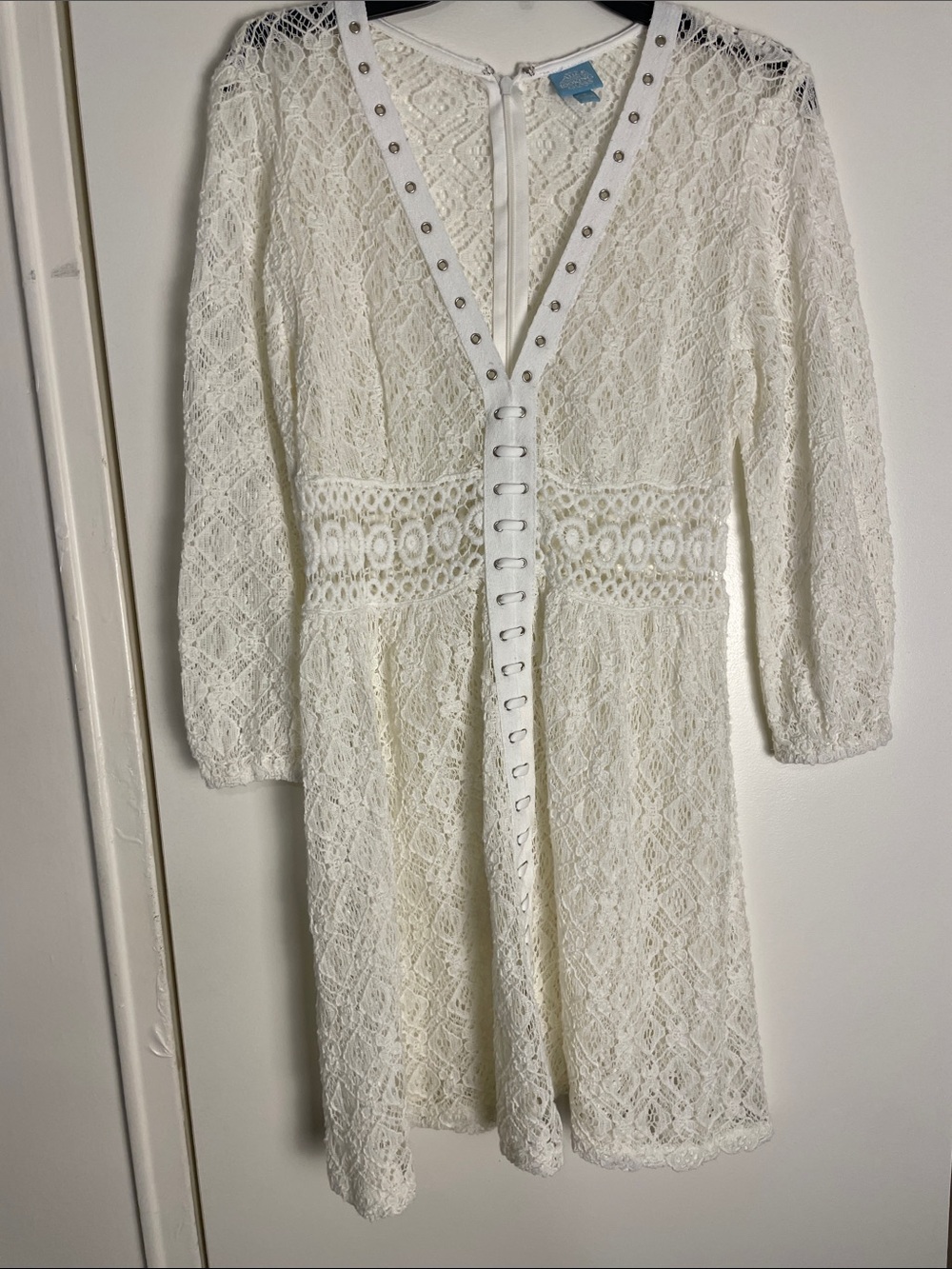 Disney White Lace Mini Dress with Eyelet Waist and Stud Trim